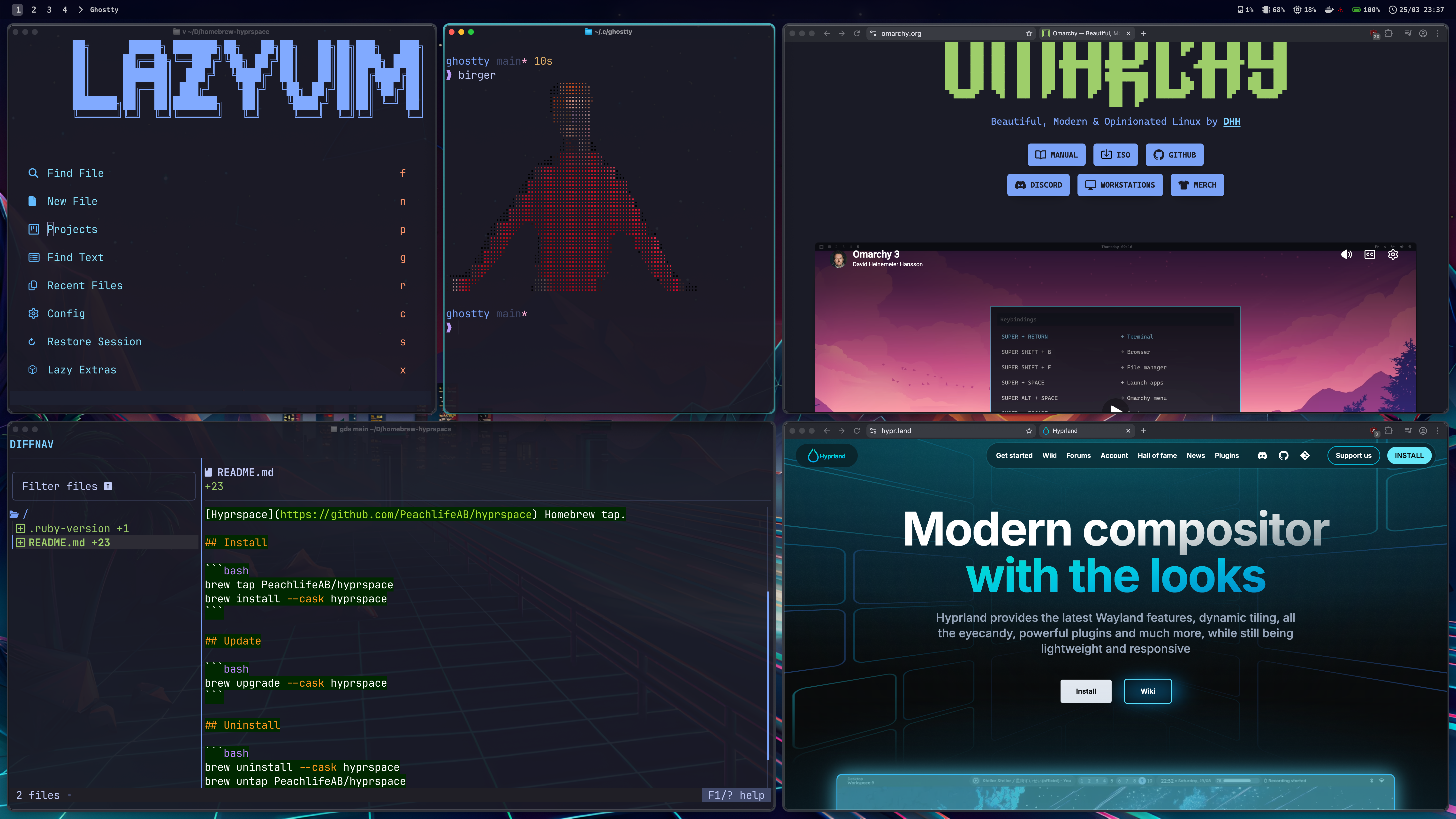 Hyprspace with LazyVim, DiffNav, Ghostty, and browsers tiled